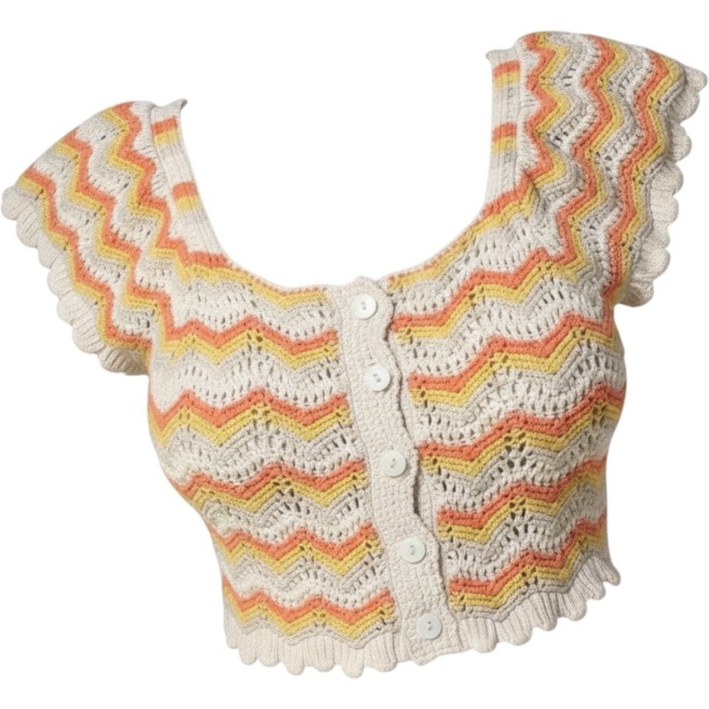 LOVE COLETTE‎ yellow orange cream chunky chevron knit button up  crop tank top M